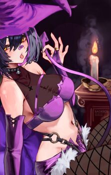 1girl absurdres badkrol bandaid bandaid_on_face bandaid_on_nose bell black_hair breasts candle cleavage collar demon_girl demon_tail fishnet_pantyhose fishnets handjob_gesture hat highres indie_virtual_youtuber medium_breasts midriff navel_piercing orange_eyes pantyhose piercing purple_hair purple_streaks rainhoe see-through_cleavage see-through_clothes sexually_suggestive shorts smoke spiked_collar spikes tail tongue tongue_out virtual_youtuber witch witch_hat