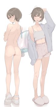 1girl ama_mitsuki arm_up ass back brown_eyes brown_hair brown_shorts camisole commentary_request full_body grey_jacket highres jacket looking_at_viewer midriff multiple_views nude one_eye_closed open_clothes open_jacket open_mouth original sandals short_hair shorts shoulder_blades simple_background sleeves_past_fingers sleeves_past_wrists slippers spaghetti_strap standing stomach white_background white_camisole white_sandals white_slippers