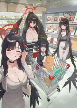 4girls absurdres alternate_costume antenna_hair black_choker black_hair black_wings blue_archive breasts choker cleavage closed_mouth collarbone commentary_request dongtan_dress dress food food_packaging grey_shirt groceries hair_between_eyes halo hasumi_(blue_archive) highres ichika_(blue_archive) in_shopping_cart jundu justice_task_force_(blue_archive) justice_task_force_member_(blue_archive) large_breasts long_hair long_hair_between_eyes long_sleeves looking_at_viewer low_wings market melting_halo multiple_girls no_eyes outstretched_arm pants ponytail red_eyes red_halo shirt shopping shopping_cart smile stuffed_toy supermarket tsurugi_(blue_archive) vegetable very_long_hair white_dress white_pants wings