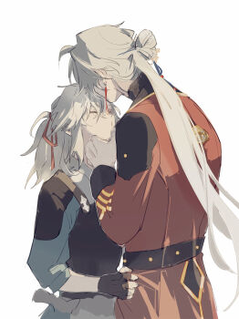 2boys age_difference aged_down artisanship_commission_uniform_(honkai:_star_rail) blade_(honkai:_star_rail) chinese_clothes closed_mouth hair_between_eyes hair_ribbon height_difference honkai:_star_rail honkai_(series) jing_yuan kiss kissing_forehead long_hair long_sleeves male_focus mississipping multiple_boys parted_bangs ponytail red_ribbon ribbon simple_background white_background white_hair yaoi yingxing_(honkai:_star_rail)