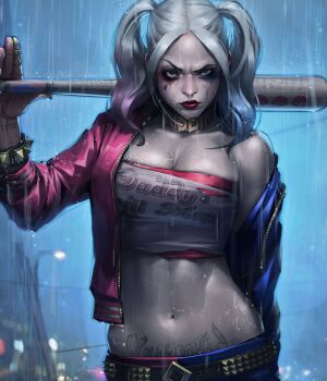 1girl baseball_bat batman_(series) blonde_hair blue_eyes breasts cloud commentary dc_comics dc_extended_universe english_commentary harley_quinn highres holding jee-hyung_lee large_breasts looking_at_viewer makeup midriff multicolored_hair navel outdoors rain short_hair solo suicide_squad twintails western_comics_(style)