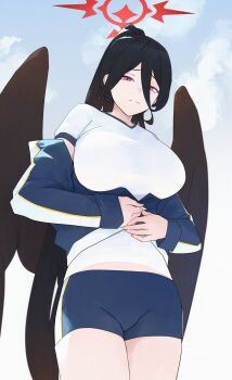1girl absurdres black_hair black_wings blue_archive blue_jacket blue_shorts breasts closed_mouth cloud cowboy_shot dokshuri from_below gym_shirt gym_shorts gym_uniform hair_between_eyes halo hasumi_(blue_archive) hasumi_(track)_(blue_archive) highres inconvenient_breasts jacket large_breasts long_hair long_sleeves looking_at_viewer looking_down low_wings mole mole_under_eye off_shoulder official_alternate_costume partially_unzipped ponytail red_eyes red_halo shirt short_sleeves shorts sky solo track_jacket undersized_clothes very_long_hair wavy_mouth white_shirt wings zipper_pull_tab