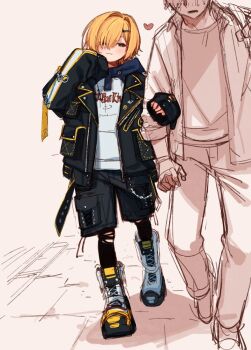 2boys :3 artist_self-insert black_leggings blush cr-r faceless faceless_male hair_ornament hair_over_one_eye hairclip heart highres hood hoodie leggings multiple_boys nijisanji open_mouth oversized_clothes shorts shota smug torn_clothes uzuki_kou uzuki_kou_(5th_costume) viewer_self-insert virtual_youtuber