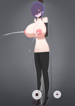 1girl asphyxiation breasts death empty_eyes hanged lactation large_breasts mikannabura milk nude peeing purple_eyes purple_hair short_hair