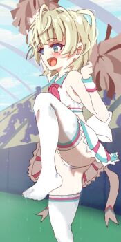 Rule 34 | 1girl, :d, adapted costume, arm up, assault lily, audience, back bow, bare shoulders, blonde hair, blue eyes, blue sky, blush, bow, cheerleader, cloud, commentary request, crop top, day, esaka shizuku, foot out of frame, from side, h popowa, hand up, holding, holding pom poms, leg up, looking ahead, midriff, miniskirt, neckerchief, no shoes, open mouth, outdoors, panties, pom pom (cheerleading), pom poms, red neckerchief, shirt, short hair, skirt, sky, sleeveless, sleeveless shirt, smile, solo, stadium, standing, standing on one leg, sweat, thighhighs, underwear, upskirt, white bow, white panties, white shirt, white skirt, white thighhighs, wristband