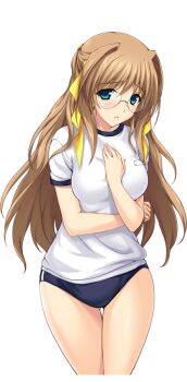 1girl black_buruma blue_eyes blush breasts brown_hair buruma choukou_(alicesoft) choukou_tenshi_escalayer game_cg glasses gym_uniform hair_intakes hair_ribbon kouenji_sayuka large_variant_set long_hair looking_at_viewer non-web_source official_art onigirikun ribbon rimless_eyewear solo thigh_gap transparent_background variant_set