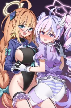 Rule 34 | 2girls, absurdres, aqua neckerchief, ass, black leotard, blue-framed eyewear, blue archive, blue shrug, blush, bow, braid, braided twintails, chai mao, covered navel, drill hair, feather hair, feathers, frilled thigh strap, gloves, hair ornament, half gloves, halo, halter leotard, halterneck, highres, holding hands, impossible clothes, impossible leotard, interlocked fingers, leotard, looking at viewer, low twin braids, magical girl, multiple girls, neckerchief, official alternate costume, panties, pantyhose, pink halo, purple bow, reisa (blue archive), reisa (magical) (blue archive), shimiko (blue archive), shimiko (magical) (blue archive), shrug (clothing), smile, star (symbol), star hair ornament, star halo, striped clothes, striped panties, striped pantyhose, super highleg, thigh strap, triangle mouth, twin braids, twin drills, two-tone pantyhose, underwear, white gloves, wing hair ornament, yellow feathers, yellow halo