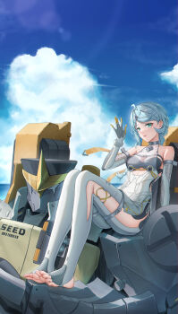 1girl absurdres bare_shoulders blue_hair blue_sky breasts cloud elbow_gloves full_body gloves hand_up highres long_hair looking_at_viewer mecha outdoors parted_lips robot screw_hair_ornament seed_(zenless_zone_zero) seed_sr. sitting sky smile toeless_legwear toes white_gloves ying_ling zenless_zone_zero