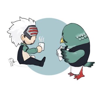 Rule 34 | 2boys, ace attorney, animal crossing, animal feet, apron, beak, beard, bird boy, bird tail, black bow, black bowtie, black footwear, black jacket, black pants, bow, bowtie, brewster (animal crossing), brown vest, chibi, cleaning, closed mouth, crossover, cup, drink, facial hair, from side, full body, furry, furry male, glasses, godot (ace attorney), godzillapigeon1, green shirt, hand up, holding, holding cup, holding drink, jacket, legs together, long sleeves, male focus, mask, mug, multiple boys, mustache, nintendo, open mouth, pants, phoenix wright: ace attorney - trials and tribulations, profile, shirt, shoes, short hair, sitting, sleeveless, sleeveless jacket, standing, steam, tail, vest, waist apron, white apron, white hair, white shirt, wings