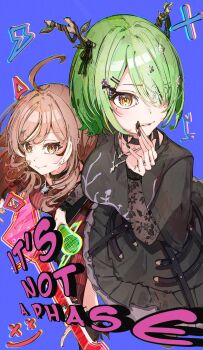 2girls ahoge antler_ornament antlers black_choker black_nails black_shirt black_skirt black_sweater brown_eyes brown_hair ceres_fauna ceres_fauna_(goth) choker chromatic_aberration commentary crinoline electric_guitar emo_fashion english_commentary goth_fashion graffiti green_hair guitar hair_over_one_eye heart heart_choker heart_o-ring heart_ring_choker highres holding holding_guitar holding_instrument holding_microphone hololive hololive_english horns huge_ahoge instrument lace lace_sleeves looking_at_viewer microphone mouchu multicolored_hair multiple_girls nanashi_mumei nanashi_mumei_(emo) o-ring o-ring_choker pleated_skirt purple_background red_sweater shirt short_hair skirt smile song_name streaked_hair striped_clothes striped_sweater sweater t-shirt torn_clothes torn_sweater tree_horns two-tone_sweater virtual_youtuber wavy_hair