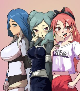 Rule 34 | alien alienen, aqua hair, belt, beta (inazuma eleven), black bodysuit, black bow, blue eyes, blue hair, blush, bodysuit, bow, bust chart, commentary, covered navel, cropped shirt, double bun, gloves, hair bun, hand on own chest, hand on own face, highres, inazuma eleven (series), inazuma eleven go, inazuma eleven go chrono stone, inazuma eleven victory road, long hair, midriff, multicolored hair, navel, open mouth, orange background, pants, ponytail, purple eyes, red eyes, red hair, red pants, shinohara raika, shirt, smile, two-tone hair, urubida, white belt, white bodysuit, white gloves, white hair, white shirt