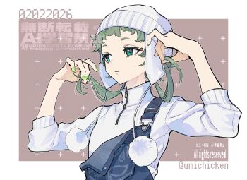 Rule 34 | 1other, artist name, black eyeliner, blue overalls, border, brown background, commentary request, dated, denim, denim overalls, eyeliner, fingernails, gnosia, green eyes, green hair, green nails, hands up, hat, high collar, highres, holding, holding own hair, long hair, long sleeves, makeup, other focus, overalls, pom pom (clothes), raqio, sea chicken (umichicken), shirt, short bangs, simple background, solo, three-quarter sleeves, upper body, watermark, white border, white hat, white shirt, zipper
