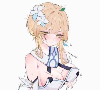 1girl artist_name bare_shoulders blonde_hair blood blush broken_heart closed_mouth commentary detached_sleeves dress empty_eyes english_commentary english_text eyelashes feather_hair_ornament feathers fingernails flower flying_sweatdrops genshin_impact hair_between_eyes hair_flower hair_ornament half-closed_eyes hand_up heart highres injury leaf leaf_on_head long_fingernails long_sleeves looking_at_viewer lumine_(genshin_impact) scratches short_hair sidelocks simple_background sleeveless sleeveless_dress solo sweat torn_clothes torn_dress unosaki2 upper_body white_background white_dress white_flower white_sleeves yellow_eyes