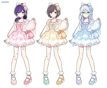 3girls alternate_color animal_ears antique_phone asahina_mafuyu asymmetrical_footwear bag bandaid bandaid_on_face bandaid_on_leg blue_bow blue_bowtie blue_dress blue_eyes blue_hair blue_jacket blue_shoes bobby_socks bow bowtie brooch brown_eyes brown_hair cat_ear_footwear cat_ears cloud_print commentary_request dress fake_animal_ears frilled_dress frills hair_between_eyes hair_bow hairband hand_up heart heart_brooch highres jacket jewelry lolita_hairband long_hair long_sleeves mary_janes mismatched_footwear multiple_girls o-ring o-ring_thigh_strap orange_dress orange_jacket orange_shoes pastel_colors phone pink_bow pink_bowtie pink_dress pink_jacket pink_shoes project_sekai purple_eyes purple_hair rotary_phone shinonome_ena shoes short_hair simple_background socks thigh_strap waka_(wk4444) white_background white_socks yoisaki_kanade yume_kawaii