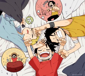 3boys aged_down bandaged_arm bandages bandaid bandaid_on_arm bandaid_on_cheek bandaid_on_face bed_sheet black_hair blonde_hair blue_shirt boned_meat brothers child closed_eyes collared_shirt dreaming facial_scar food freckles from_above hat highres lying m_(user_gjgn8588) male_focus meat monkey_d._luffy multiple_boys on_back one_piece open_mouth parted_lips popped_collar portgas_d._ace punching sabo_(one_piece) scar scar_on_cheek scar_on_face shirt short_hair short_sleeves siblings sleeping sparkle straw_hat sweatdrop tank_top teeth twitter_username yellow_tank_top