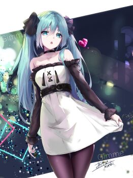 1girl aqua_eyes aqua_hair aqua_nails asahi_kuroi bare_shoulders black_sleeves blurry bokeh collar collarbone cowboy_shot depth_of_field detached_sleeves dress dutch_angle eyeshadow frilled_dress frilled_sleeves frills gimmexgimme_(vocaloid) hair_ribbon hatsune_miku head_tilt heart highres holding holding_unworn_clothes holding_unworn_dress long_hair makeup nail_polish neon_lights pantyhose parted_lips ribbon signature skirt_hold square standing twintails very_long_hair vocaloid white_dress