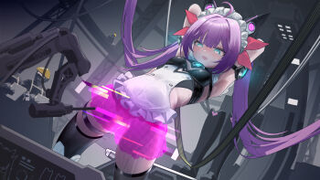 Rule 34 | 1girl, absurdres, ahoge, android, animal ears, apron, aqua eyes, arms behind head, arms up, blue eyes, blush, breasts, cable, commentary request, digital dissolve, dutch angle, fake animal ears, glitch, glowing, hair ribbon, heart, heart-shaped pupils, highres, linkai nuofu, long hair, maid, maid headdress, open mouth, original, purple hair, restrained, ribbon, science fiction, sex machine, small breasts, solo, stationary restraints, symbol-shaped pupils, thighhighs, twintails, very long hair, white apron, wulala (vtuber)