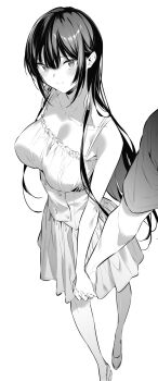 1boy 1girl bare_legs breasts closed_mouth collarbone corset dress greyscale hair_ribbon haite_kudasai_takamine-san highres hiiragi_yuuichi large_breasts long_hair monochrome ribbon shirt shoes short_sleeves sidelocks sleeveless sleeveless_dress takamine_takane