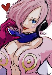 Rule 34 | 1girl, blue eyes, blue hair, blue neckerchief, breasts, cleavage, commentary request, curly eyebrows, dress, gloves, hair over one eye, headphones, heart, highres, looking at viewer, medium hair, neckerchief, one piece, pink dress, pink gloves, pink hair, ri fanart, simple background, solo, tongue, tongue out, vinsmoke reiju, white background