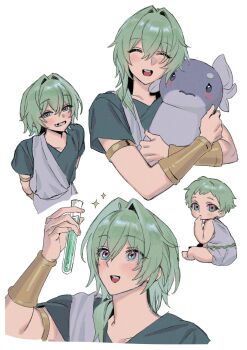 1boy 35684187031 aged_down anaxa_(hello_world!)_(honkai:_star_rail) anaxa_(honkai:_star_rail) aqua_hair blue_eyes child dromas_(honkai:_star_rail) hair_between_eyes highres honkai:_star_rail honkai_(series) looking_at_viewer medium_hair official_alternate_costume side_ponytail simple_background solo white_background