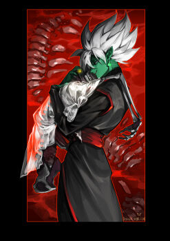 1boy 1other artist_name black_border black_pants black_shirt blood bone border colored_skin commentary corpse dragon_ball dragon_ball_super earrings english_commentary from_side fused_zamasu green_skin grey_eyes grin half-closed_eyes highres holding_skeleton jewelry kimo pants pointy_ears potara_earrings see-through_clothes see-through_shirt shirt short_hair skeleton smile spiked_hair teeth vegetto white_hair