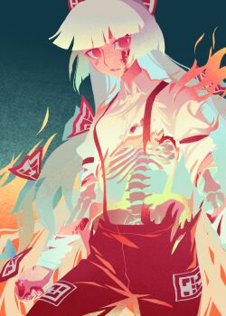 1girl blood blood_on_face blood_on_hands bone bow burning chenwei_jun exposed_bone fire fujiwara_no_mokou guro hair_bow highres long_hair ofuda ofuda_on_clothes pants red_eyes red_pants ribs scar scar_on_face shirt skeleton solo spine suspenders torn_clothes torn_sleeves touhou very_long_hair white_bow white_hair