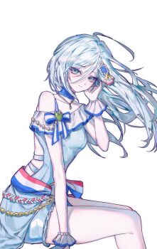 1girl aozora_no_saki_kagayaki_wo_oikakete_(project_sekai) arm_support asymmetrical_one-piece_swimsuit bare_arms blue_choker blue_eyes blue_hair blue_one-piece_swimsuit bow breasts choker closed_mouth collarbone commentary_request floating_hair frilled_choker frilled_one-piece_swimsuit frills from_side hair_between_eyes hair_ornament hand_in_own_hair hand_up heart highres hinomori_shizuku jewelry korean_commentary long_bangs long_hair looking_at_viewer mole mole_under_mouth necklace official_alternate_costume one-piece_swimsuit project_sekai sidelocks simple_background sitting smile solo striped_bow swimsuit turning_head white_background wind woljae73 wrist_cuffs