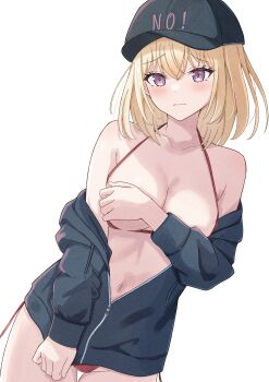 1girl absurdres azakura_(beniyomogi) bang_dream! bang_dream!_it's_mygo!!!!! bikini_pull black_hat black_jacket blonde_hair blush breasts cleavage clothes_pull commentary_request hat highres jacket large_breasts medium_hair misumi_uika navel open_mouth partially_unzipped purple_eyes red_eyes simple_background solo stomach wavy_mouth white_background