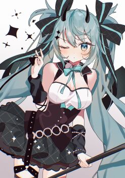 1girl aqua_eyes aqua_hair black_dress black_ribbon breasts closed_mouth commentary demon_horns dress hair_between_eyes hair_ornament hair_ribbon hatsune_miku highres holding holding_polearm holding_weapon horns long_hair looking_at_viewer medium_breasts o-ring o-ring_thigh_strap one_eye_closed polearm ribbon simple_background sleeveless sleeveless_dress solo symbol-only_commentary thigh_strap tsuchinoko_(tutituti0125) twintails very_long_hair vocaloid weapon white_background