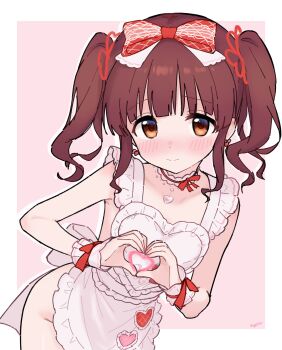 Rule 34 | 1girl, absurdres, apron, bare hips, breasts, brown eyes, brown hair, choker, cowboy shot, frilled choker, frilled cuffs, frills, groin, hair ribbon, hair tie, heart, heart choker, heart hands, highres, idolmaster, idolmaster cinderella girls, jia wenyuan, naked apron, ogata chieri, ribbon, small breasts, solo, twintails, two-tone background