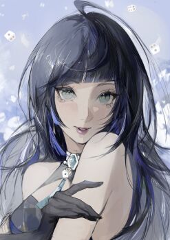 1girl ahoge alternate_hair_length alternate_hairstyle asymmetrical_bangs black_gloves black_hair blunt_bangs breasts cleavage_cutout clothing_cutout commentary dice english_commentary genshin_impact gloves grey_eyes highres long_hair looking_at_viewer medium_breasts multicolored_hair portrait purple_hair smile solo streaked_hair sumi_(suumiko_) yelan_(genshin_impact)