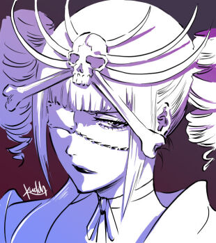 1girl bleach blunt_bangs commentary_request drill_hair eyepatch katen_kyoukotsu kudou_masashi limited_palette lipstick makeup portrait signature skull_and_crossbones solo twin_drills