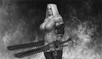 1girl abs absurdres adepta_sororitas breasts chainsaw dual_wielding elbow_gloves fleur-de-lis gloves habit highres holding justsomenoob large_breasts looking_at_viewer makeup mascara muscular muscular_female purity_seal runny_makeup signature smoke solo thick_thighs thighs veins veiny_arms warhammer_40k