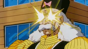 1990s_(style) 1boy android animated animated_gif anime_screenshot building city destruction dr._gero_(dragon_ball) dr_gero dragon_ball dragonball_z earrings emblem energy energy_beam energy_bolt explosion eye_beam facial_hair formal_clothes hat island jewelry laser laser_bolt long_hair male_focus mountain mustache old old_man outdoors pulsed_laser retro_artstyle smoke solo suit vest window wrinkled_skin