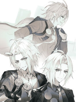 1boy ahoge arm_out_of_sleeve banggoonet bicep_strap black_coat black_gloves blonde_hair coat coin commentary_request from_side gloves gold_ring greyscale highres hugo_vlad light_smile long_hair looking_at_viewer male_focus medallion mole mole_under_eye monochrome multiple_riders multiple_views necktie parted_lips pointy_ears shirt throwing upper_body v-shaped_eyebrows white_background zenless_zone_zero