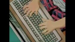 1boy 1girl animated anime_screenshot audible_speech blowing_kiss blue_eyes breasts brown_hair cleavage computer english_audio hair_ornament highres computer_keyboard legs lingerie long_hair long_legs looking_at_viewer makeup medium_breasts one_eye_closed pink_hair shin_megami_tensei shin_megami_tensei:_tokyo_mokushiroku skirt souma_sanjirou sound star_(symbol) star_hair_ornament tagme underwear video wink