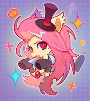 alternate_costume animal animal_focus black_gloves brooch clothed_animal commentary cropped_torso elbow_gloves english_commentary fang flutterbat fluttershy gem gloves goth_fashion hat highres jewelry jficbcpcr6eyujo long_hair my_little_pony my_little_pony:_friendship_is_magic no_humans pink_hair pony_(animal) red_eyes red_gemstone solo sparkle tombstone top_hat vampire