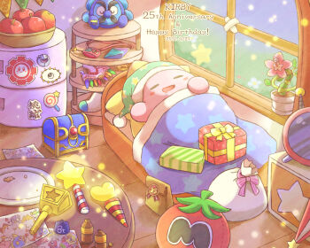 anniversary apple artist_name bag basket bed blush blush_stickers bottle bow box candy character_request chuchu_(kirby) clock closed_eyes closed_umbrella commentary_request coo_(kirby) crumbs crystal dark_matter_(kirby) dated dragoon_(kirby) drawing_(object) dreamstalk drooling flower flower_pot food fruit fumu_(kirby) gift gift_box glowing gooey_(kirby) green_headwear happy_birthday hat heart highres indoors invincible_candy kine_(kirby) king_dedede kirby kirby's_dream_land_3 kirby:_right_back_at_ya! kirby:_squeak_squad kirby:_triple_deluxe kirby_(series) kirby_64 kirby_air_ride kracko light_particles light_rays lollipop love_love_stick lying magnet magolor marx_(kirby) marx_(true_form)_(kirby) maxim_tomato meta_knight mr._tick_tock nago_(kirby) nightcap nintendo no_humans on_back on_bed open_mouth paper paper_bag parasol pillow pink_bow pink_flower pink_ribbon pitch_(kirby) plant plate potted_plant refrigerator refrigerator_magnet ribbon rick_(kirby) sack samsung_(yuzuikka) shelf sleeping smile star-shaped_pillow star_(symbol) star_block star_print star_wand string_of_flags stuffed_toy swirl_lollipop table television treasure_chest triple_star twitter_username umbrella under_covers waddle_dee waddle_doo walkie-talkie wand whispy_woods white_flower window wooden_floor zero_(kirby) zero_two_(kirby)