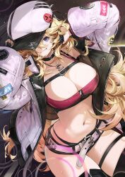 Rule 34 | 1girl, armpits, arms up, bandeau, belt, black choker, black shorts, black thighhighs, blonde hair, breasts, cabbie hat, camisole, choker, cleavage, commentary, crop top, goomrrat, grin, hat, highres, jacket, jewelry, long hair, long sleeves, looking at viewer, micro shorts, midriff, navel, necklace, open clothes, open jacket, original, purple eyes, shirt, shorts, sleeveless, sleeveless shirt, smile, solo, spaghetti strap, stomach, sweat, thigh strap, thighhighs, thighs, very long hair, white belt, white hat, white jacket