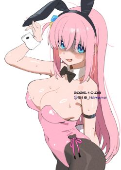 1girl alternate_costume animal_ears bare_shoulders beads black_bow black_bowtie black_pantyhose blue_eyes blush bocchi_the_rock! bow bowtie breasts cleavage covered_navel cropped_legs cube_hair_ornament dated detached_collar fake_animal_ears fake_tail gotoh_hitori hair_beads hair_between_eyes hair_ornament highres itinana large_breasts leotard long_hair looking_at_viewer nervous nervous_smile one_side_up open_mouth pantyhose pink_hair pink_leotard playboy_bunny rabbit_ears rabbit_tail revision shaded_face side_ponytail simple_background smile solo standing strapless strapless_leotard sweat tail twitter_username white_background wrist_cuffs