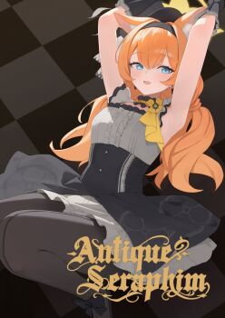 1girl animal_ears armpits arms_up black_hat black_pantyhose black_skirt blue_archive blue_eyes checkered_background commentary halo hat highres long_hair looking_at_viewer low_twintails mari_(blue_archive) mari_(idol)_(blue_archive) official_alternate_costume open_mouth orange_hair pantyhose siu_hing5262 skirt solo twintails yellow_halo