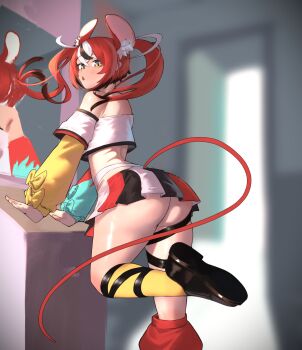 1girl absurdres animal_ear_fluff animal_ears arm_support ass asymmetrical_legwear asymmetrical_sleeves back black_hair black_shoes black_streaks blue_eyes bow commentary detached_sleeves double-parted_bangs hair_between_eyes hakos_baelz hakos_baelz_(1st_costume) highres hikamio hololive hololive_english huge_ass leaning_forward leg_up looking_at_viewer looking_back mirror mouse_ears mouse_tail multicolored_hair multicolored_skirt open_mouth red_hair reflection shirt shoes skirt standing standing_on_one_leg tail tail_bow tail_ornament thigh_strap twintails uneven_twintails virtual_youtuber white_hair white_shirt