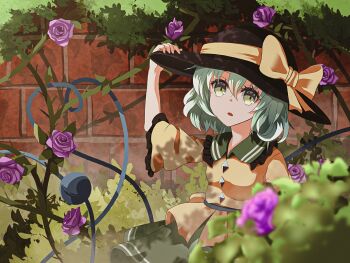 1girl black_hat blurry bow breasts bush collared_shirt commentary_request depth_of_field eyeball flower frilled_shirt_collar frilled_sleeves frills green_eyes green_hair green_skirt hat hat_bow highres komeiji_koishi looking_at_viewer open_mouth outdoors plant purple_flower purple_rose rose shirt skirt small_breasts solo third_eye thorns touhou vines wide_sleeves wrainman yellow_bow yellow_shirt