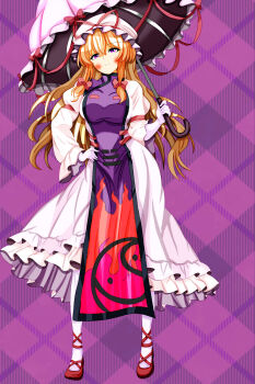 Rule 34 | 1girl, blonde hair, blush, breasts, closed mouth, commentary request, dress, frilled dress, frilled hat, frilled umbrella, frills, gloves, hair ribbon, hand on own hip, hat, highres, holding, holding umbrella, large breasts, long hair, mob cap, purple background, purple eyes, purple tabard, red shoes, ribbon, shoes, smile, solo, standing, tabard, tokonote, touhou, umbrella, white dress, white gloves, yakumo yukari
