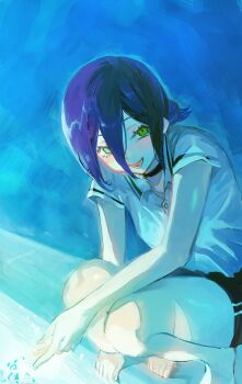 1girl barefoot black_choker black_shorts breasts chainsaw_man choker collared_shirt commentary_request green_eyes grenade_pin hair_between_eyes hair_bun highres looking_at_viewer meameeea medium_breasts medium_hair open_mouth poolside purple_hair reze_(chainsaw_man) shirt short_sleeves shorts smile solo splashing squatting updo white_shirt