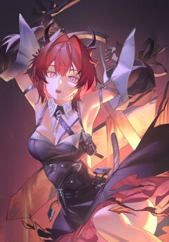 Rule 34 | 1girl, absurdres, arknights, arknights: endfield, bare shoulders, black dress, black gloves, black horns, breasts, cleavage, colored petticoat, demon girl, demon horns, detached sleeves, dress, gloves, hair between eyes, hair intakes, highres, horns, laevatain (arknights), large breasts, long hair, open mouth, petticoat, purple eyes, red hair, sideless dress, solo, surtr (arknights), yuutsu06
