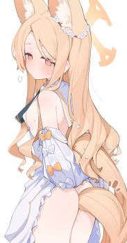 1girl animal_ear_fluff animal_ears arm_behind_back ass blonde_hair blue_archive blush bow breasts closed_mouth cross_halo detached_sleeves dress ear_wreath extra_ears fox_ears fox_girl fox_tail from_side halo highres loli long_hair mikozin orange_bow seia_(blue_archive) sideboob simple_background small_breasts solo standing swept_bangs tail white_background white_bow white_dress yellow_eyes yellow_halo