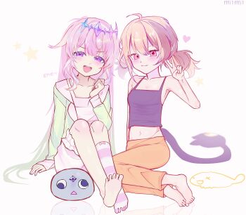 black_shirt feet gem gem_hair_ornament gigi_murin green_jacket highres hololive hololive_english jacket koseki_bijou metal_wings orange_pants pajamas pants purple_gemstone shirt sleeveless socks virtual_youtuber