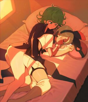 2girls ass bea_(pokemon) bed_sheet black_bodysuit black_dress blush bodysuit bodysuit_under_clothes bow_hairband breasts closed_eyes crossover curly_hair dark-skinned_female dark_skin dress fingering fingering_from_behind green_eyes green_hair grey_hair hairband highres hug knee_pads legs multiple_girls nintendo on_bed one-punch_man pillow poke_ball pokemon pokemon_swsh shirt short_hair shorts side_slit side_slit_shorts small_breasts tatsumaki thighs tied_shirt timbocactus yuri