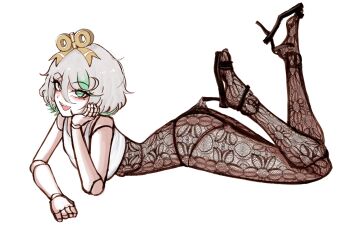 Rule 34 | 1girl, :d, absurdres, alternate costume, ass, cecilia immergreen, doll joints, feet up, gradient hair, green eyes, green hair, grey hair, hair between eyes, high heels, highres, hololive, hololive english, joints, lace bodysuit, lace pantyhose hooked on heel (meme), lying, multicolored hair, on stomach, open mouth, simple background, smile, solo, tank top, the pose, virtual youtuber, white background, white tank top, winding key, zookacchi